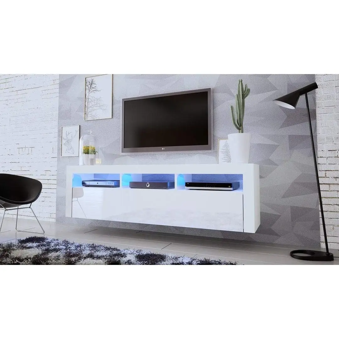 Wall-Mounted Floating TV Stand Storage & 16-Color LED Lights High Gloss Modern White/Black 70