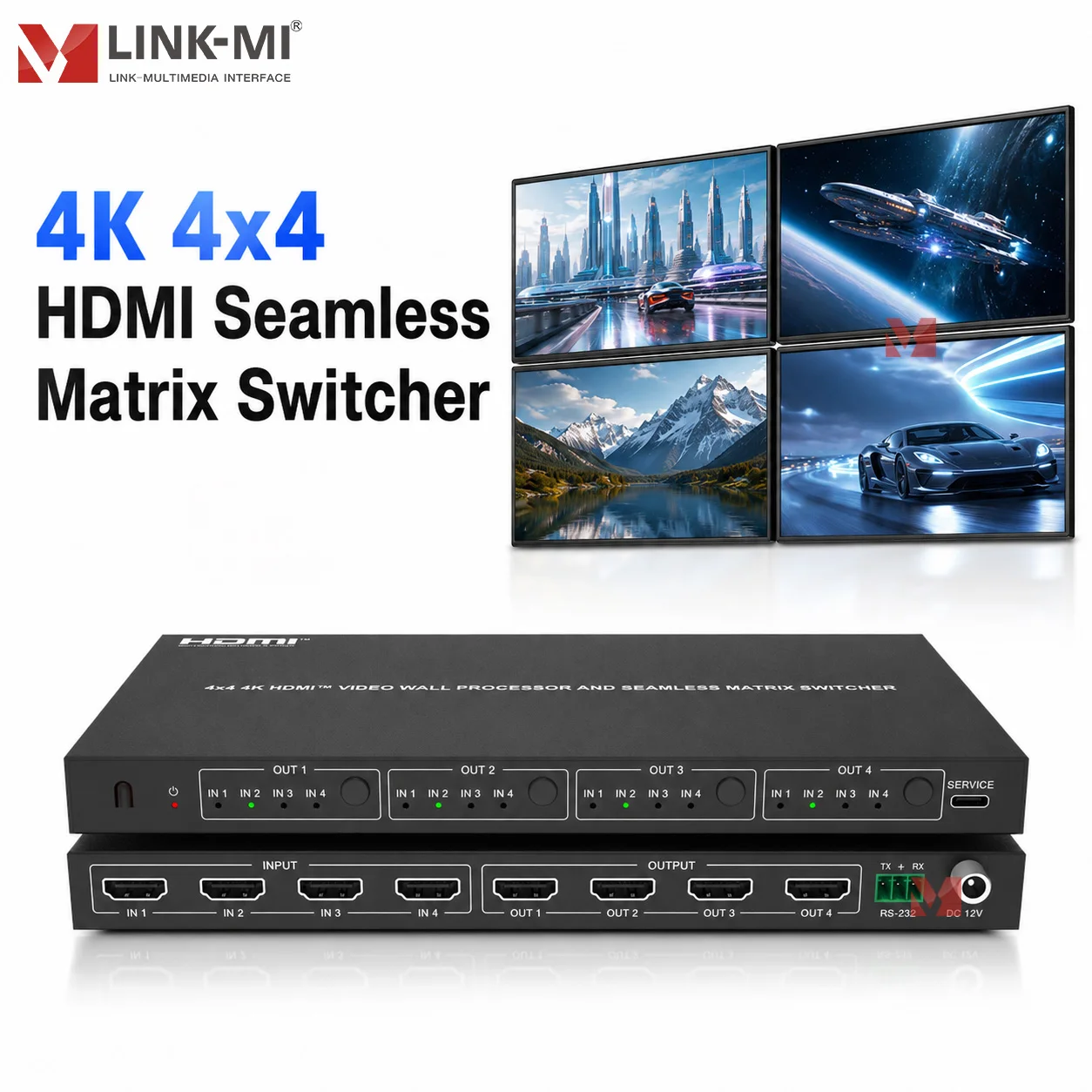 

4x4 HDMI Matrix Switcher with Video Wall 4K@30Hz HDCP 1.4 Compliant Seamless Switching for Home Theater