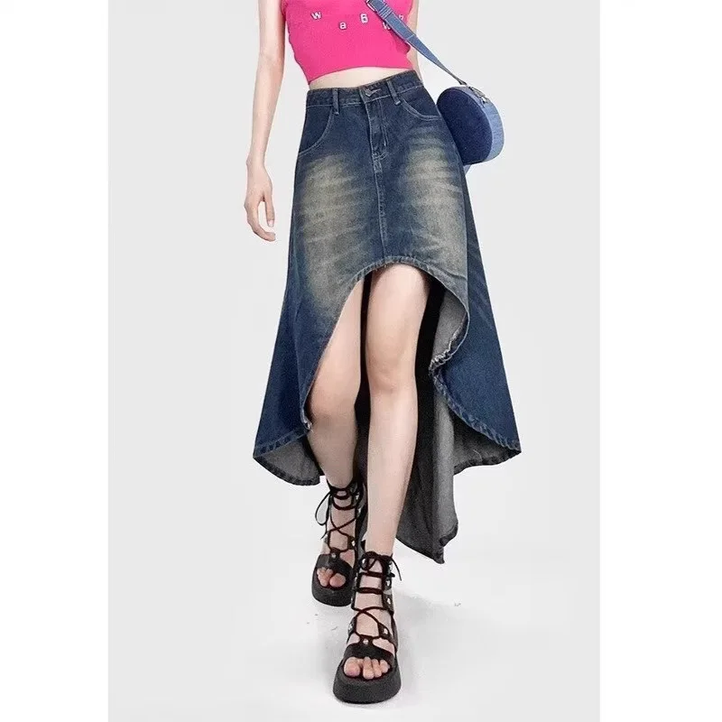 

Summer New Retro Front Short Rear Long Denim Skirt Women's Irregular Fishtail Skirt