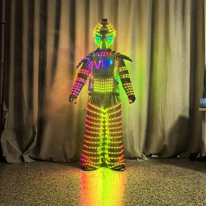 Men Robot LED Clothes Stage Costume Helmet Laser Gloves Luminous Festival Nightclub Party Rave Outfit Tron Dance Wear New