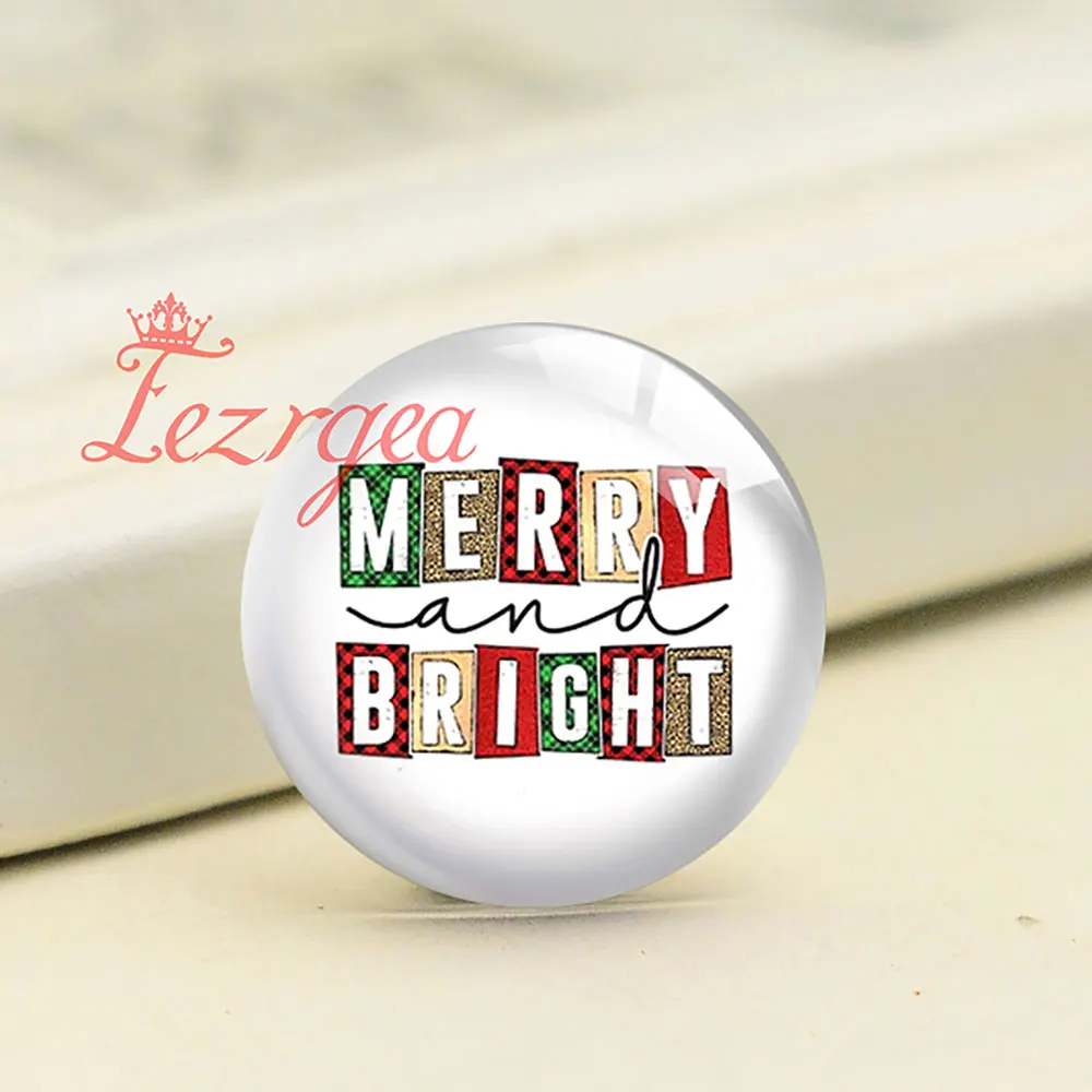 Merry And Bright Christmas Vibes Hello Winter Round Photo Glass Cabochon Demo Flat Back DIY Jewelry Making Supplies Snap Button