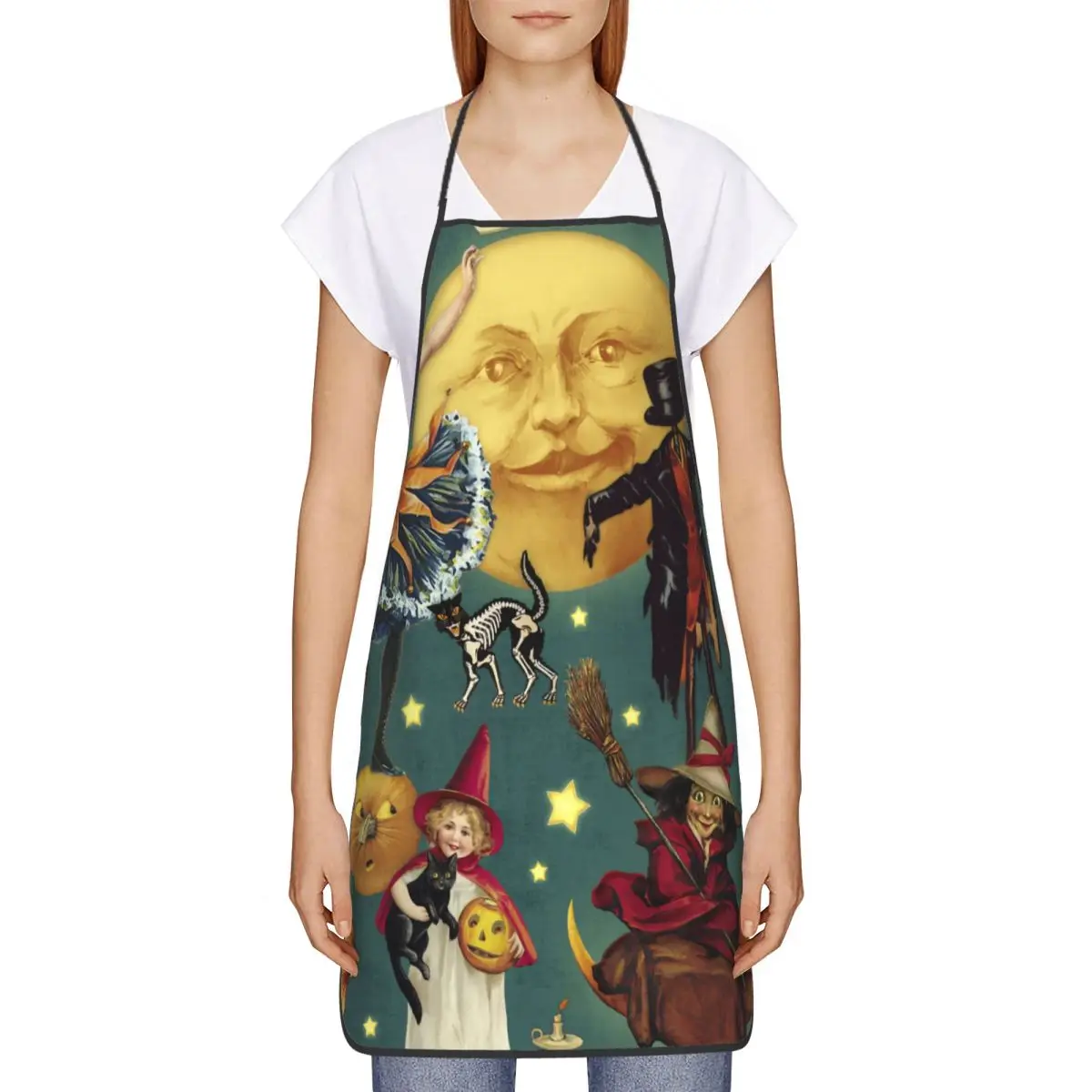 Vintage Halloween Ghosts Witches Skeleton Cats Collage Kitchen Chef Cooking Baking Apron Men Women Tablier Cuisine for Painting
