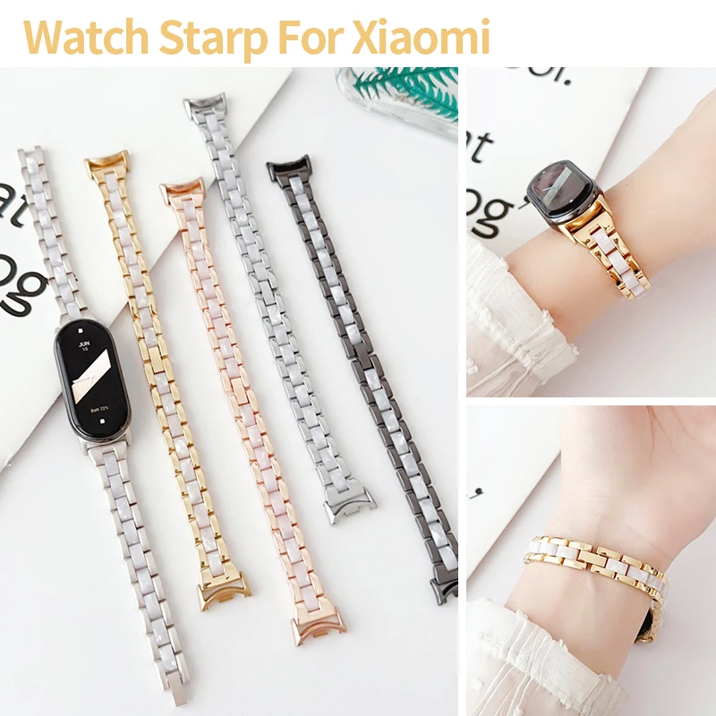 Elegant Metal Resin Strap for Xiaomi Mi Band 8 9 10 NFC Slim Replaceable Chain Bracelet for Redmi Watch 5 4 Smartwatch Wristband