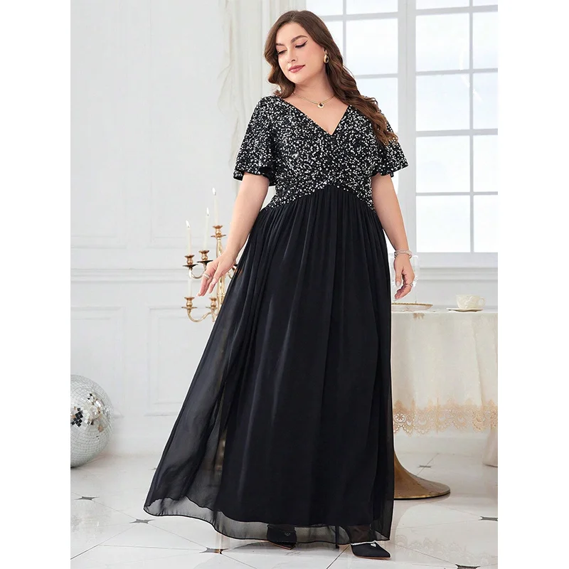 Plus Size V-neck Silver and Black Chiffon Long Dress 4XL5XL Big Size Black Short-Sleeved Chiffon Evening Dress for Women