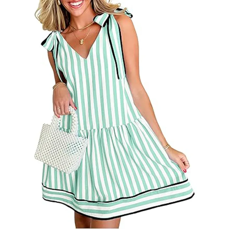 Dames à la mode col en v à lacets jupe courte a-ligne jupe rayé robe imprimée été décontracté épaule à lacets robe