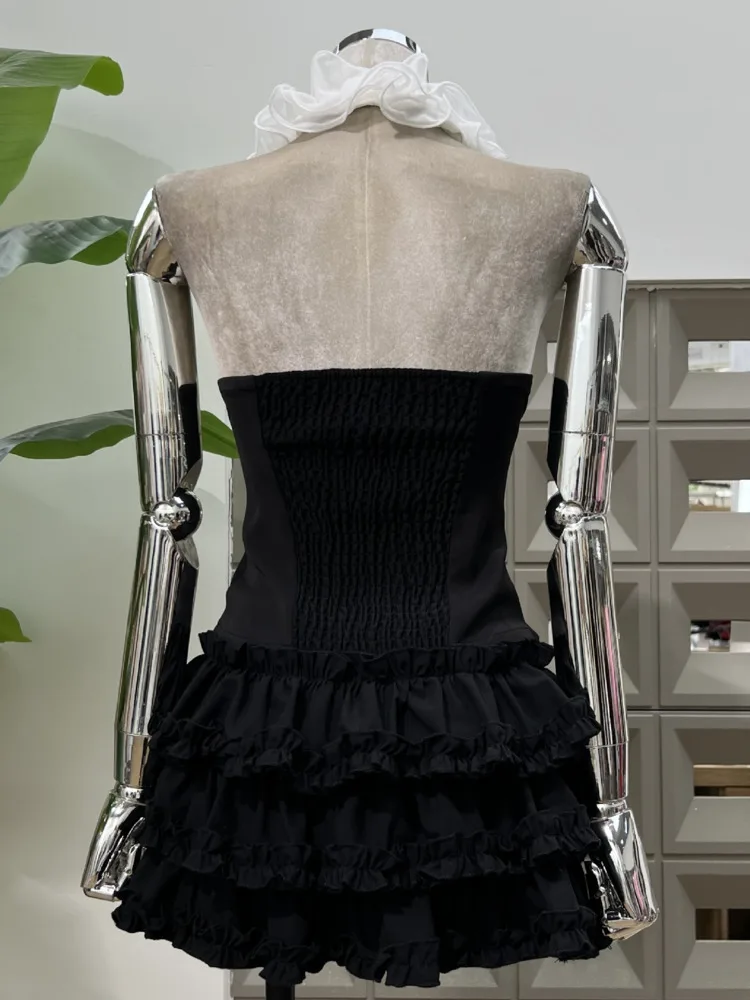 여성용 플로럴 레이스 V넥 백리스 크롭탑 블랙 화이트 배색 허리 스커트 투피스 세트 보헤미안 비치 2025 봄 여름 세트