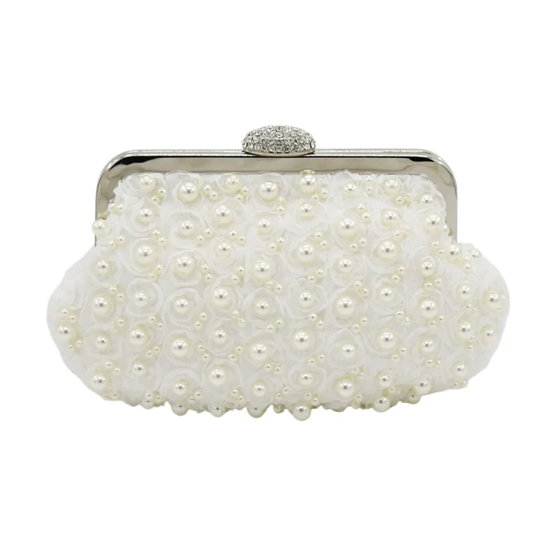 

New Pearl Beading Lace Rose Evening Bags Fashion Bridesmaid Ivory White Clutch Elegant Women's Champagne Purses Wedding Handbag