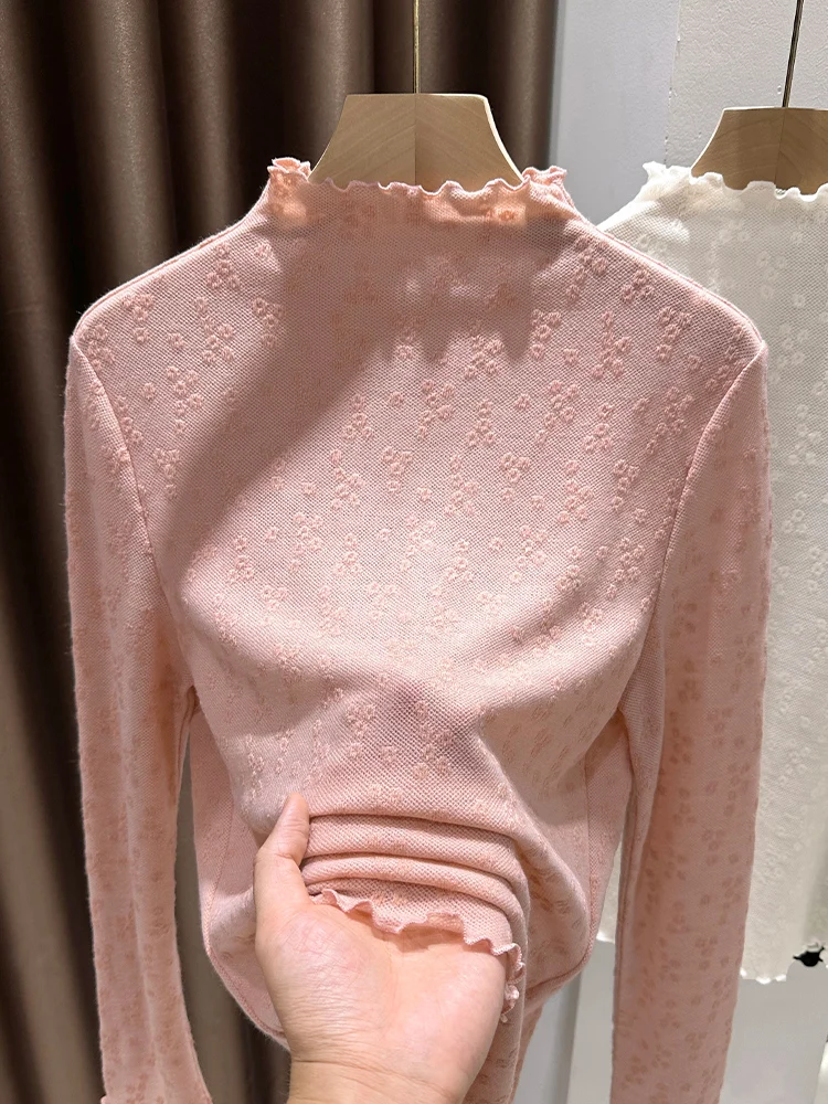 

Мягкий вязаный топ с кружевной вышивкой, высоким воротником и длинными рукавами, женская осенне-зимняя розовая кофта с ажурным дизайном, свободного кроя