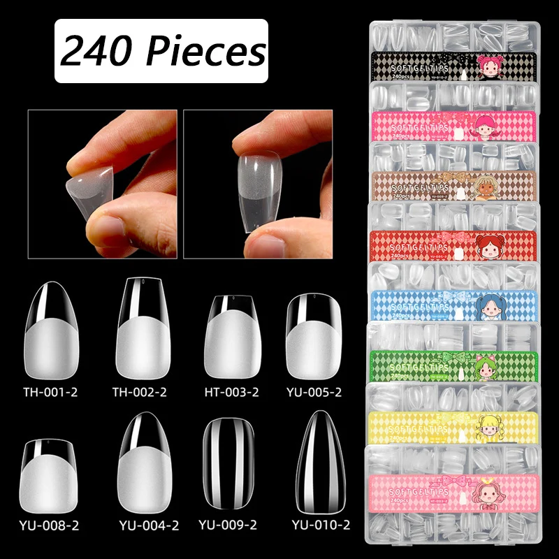 240pcs/box Nail Tips Medium Short Shape Almond/Square Soft Gel Nail Tips False Nails Soak Off Easy Nail Extensions