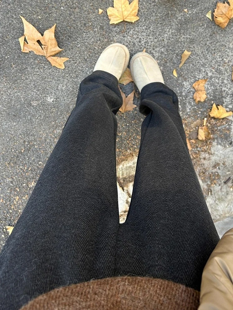 กางเกงขายาวทรงตรงเอวสูงผ้าวูลเนื้อนุ่ม ขากว้าง ไซส์เล็ก ลายพิมพ์ลำลอง สำหรับผู้หญิง ฤดูใบไม้ผลิ 2025