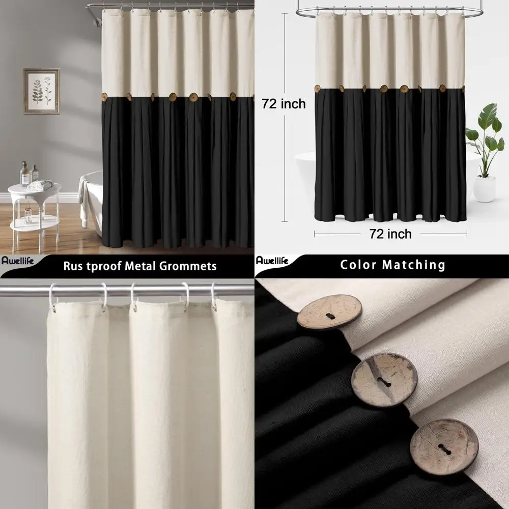 

Кремовая занавеска для душа в фермерском доме на пуговицах, льняная текстурированная тканая ткань, стиль кантри (кремовый и черный, 72 дюйма Ш x 72 дюйма л)