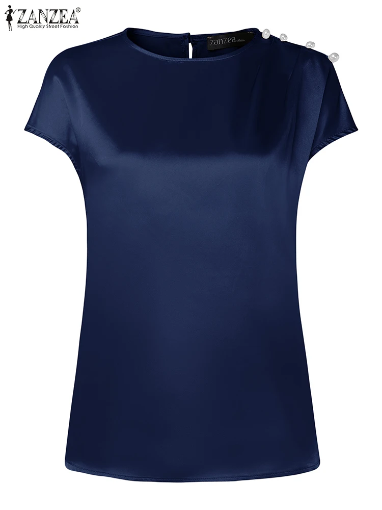 ZANZEA ผู้หญิงไข่มุกรายละเอียดซาตินเสื้อแฟชั่นฤดูร้อนรอบคอหมวกแขนจีบ Elegant Chemises Streetwear Blusas Mujer