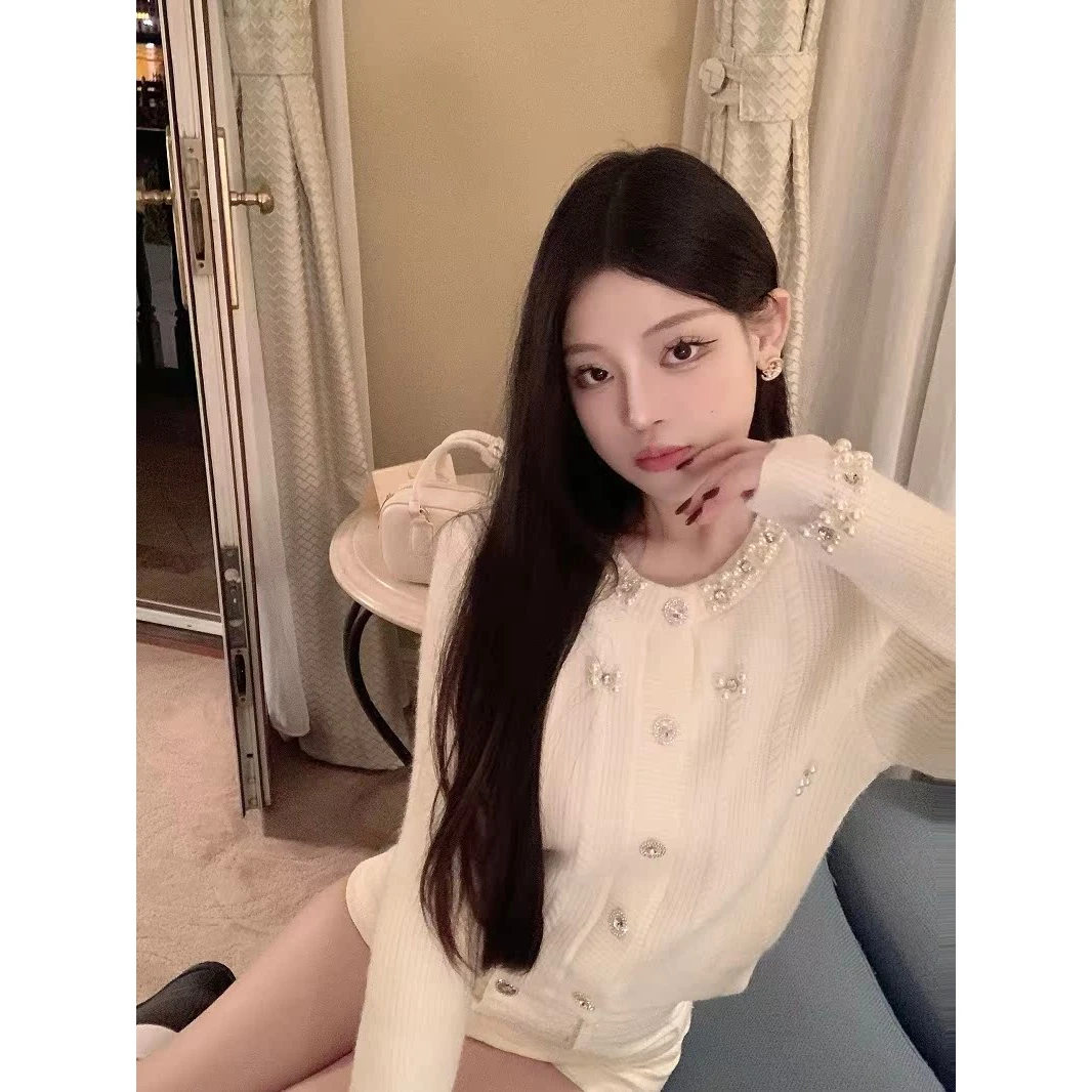 Herfst Winter Parel Verfraaid Ronde Ne Knitwear Vest Dames Slim Fit Pure Desire Ort Top Sweet Sle Trui