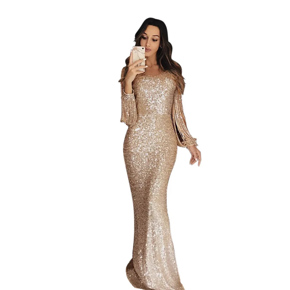 2025 femmes robe à manches longues frange soirée bretelles robes De soirée 2025 élégant perlé robes De bal formelle fête Vestido De Gala