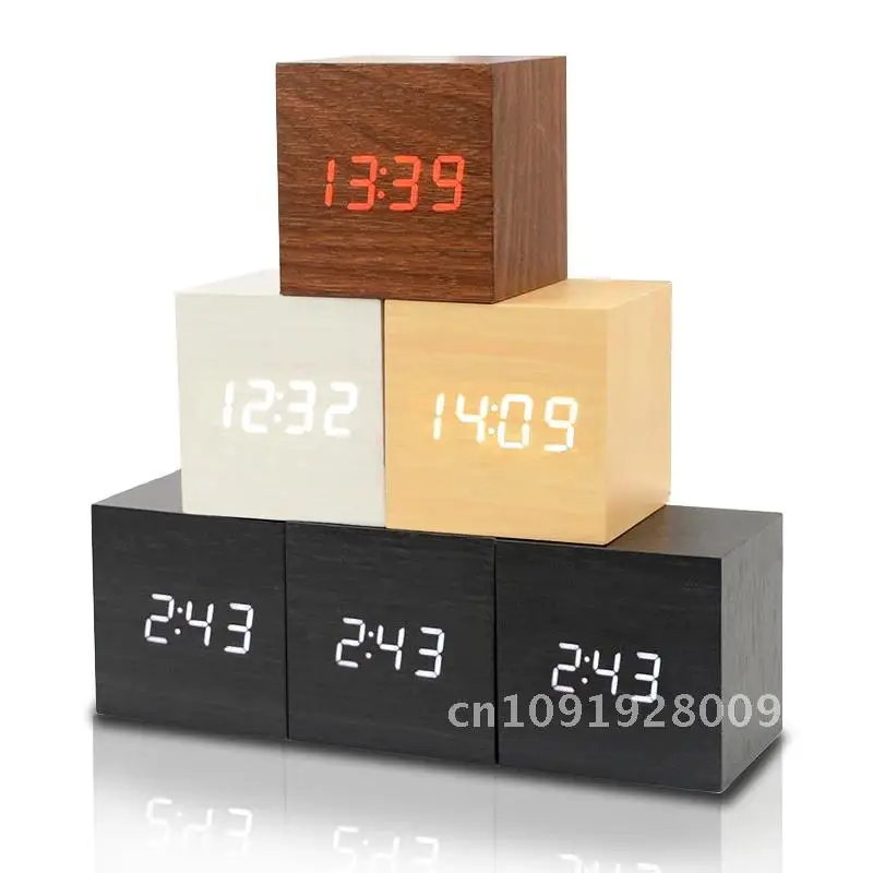 

Wooden Digital Clock Multi-function LED Trave Clock with Time/ Control Voice Home Date/ Alarm for Temperature Office Display and