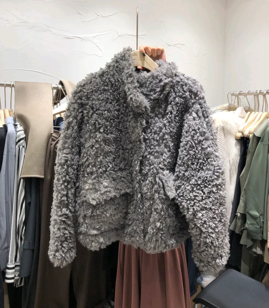 Korean Sle ort Thiened Lamb Fur Jaet Stand Collar Inteated Leather And Fur Women's Plu Coat Autumn Winter Outerwear