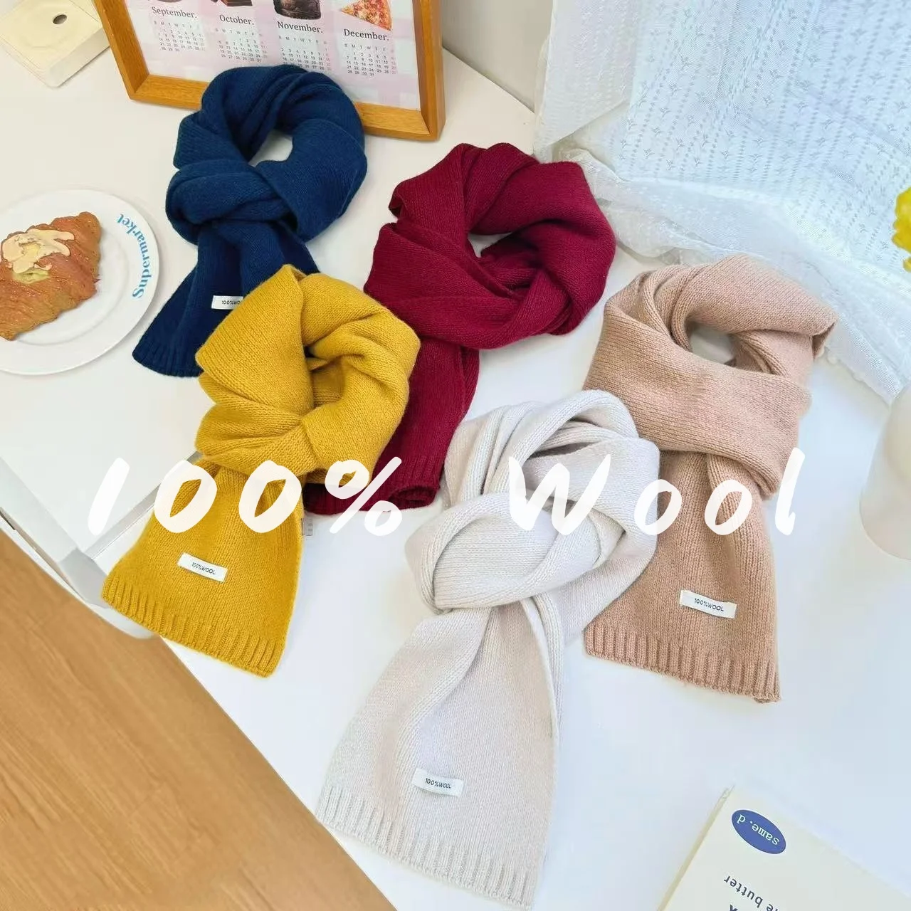 

Вязаный шарф из 100% чистой шерсти, женские зимние теплые шарфы, простой однотонный дизайн, утолщенная шаль, мягкий кашемир, пашмина, шея