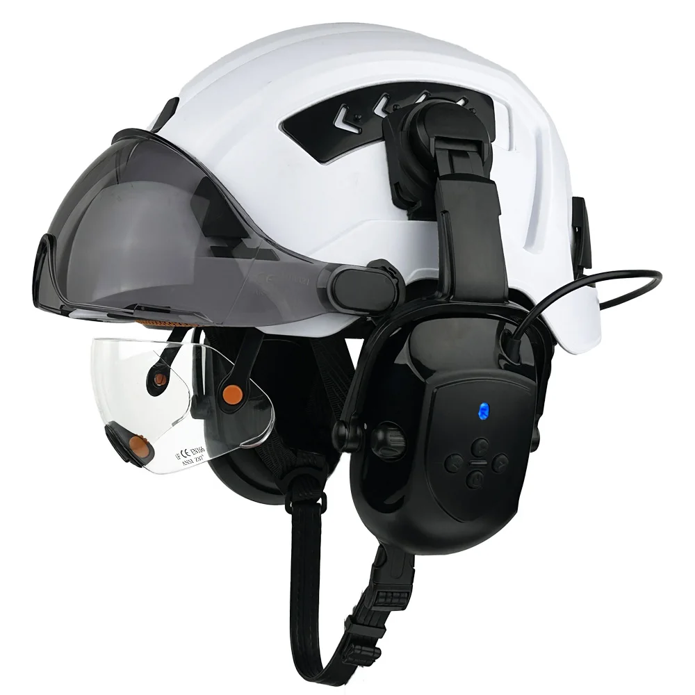 CE Hard Hat with Rechargeable Bluetooth 5.1 Earmuffs Double Goggles Vented ABS Safety Helmet for Construction Industrial Work