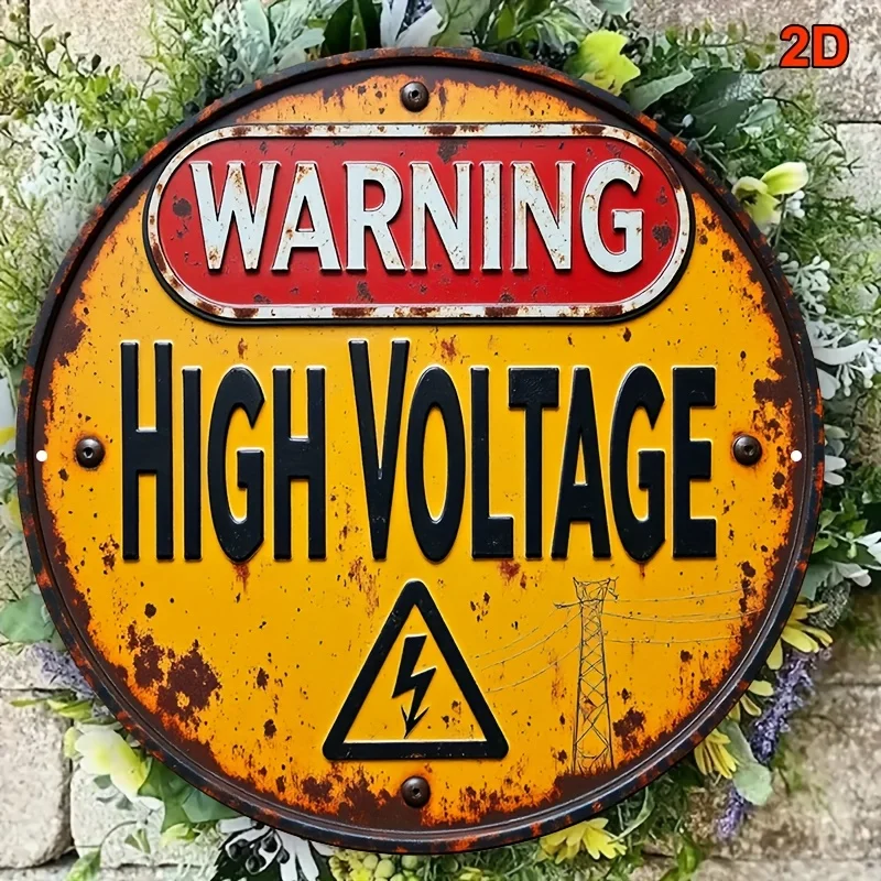 2D Flat - 2D Plane, One 20.32X20.32 Cm Round Aluminum Sign - Vintage Industrial High-Pressure Warning Sign, Rustic End, Red/Yell