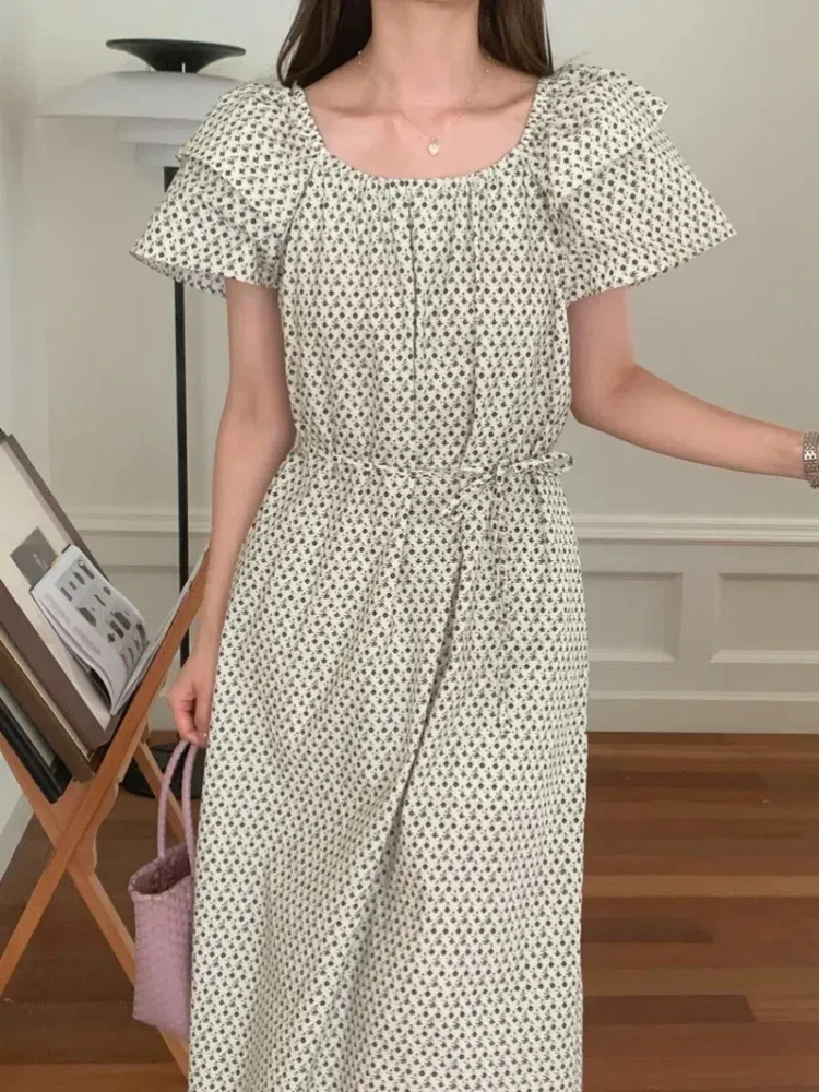 

Women's Summer Vintage Long Print Dress with Belt Square Collar Flying Sleeve Midi Sundress Female 2024