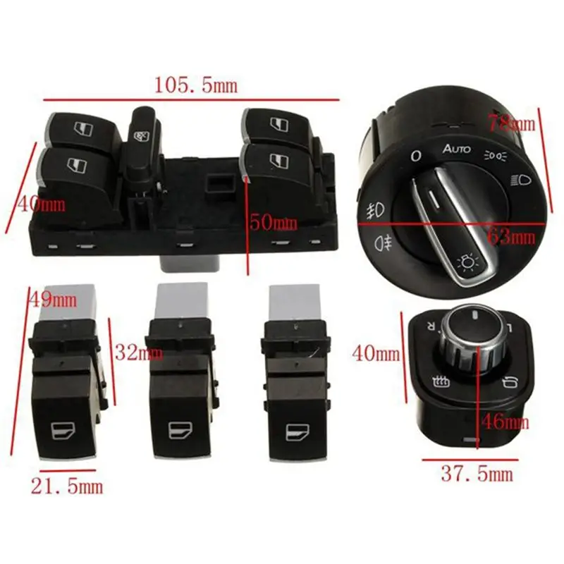 #89A 6Pcs Window Mirror Headlight Switch Set 5ND 959 565A 5ND 959 857,5ND959857,(Black)