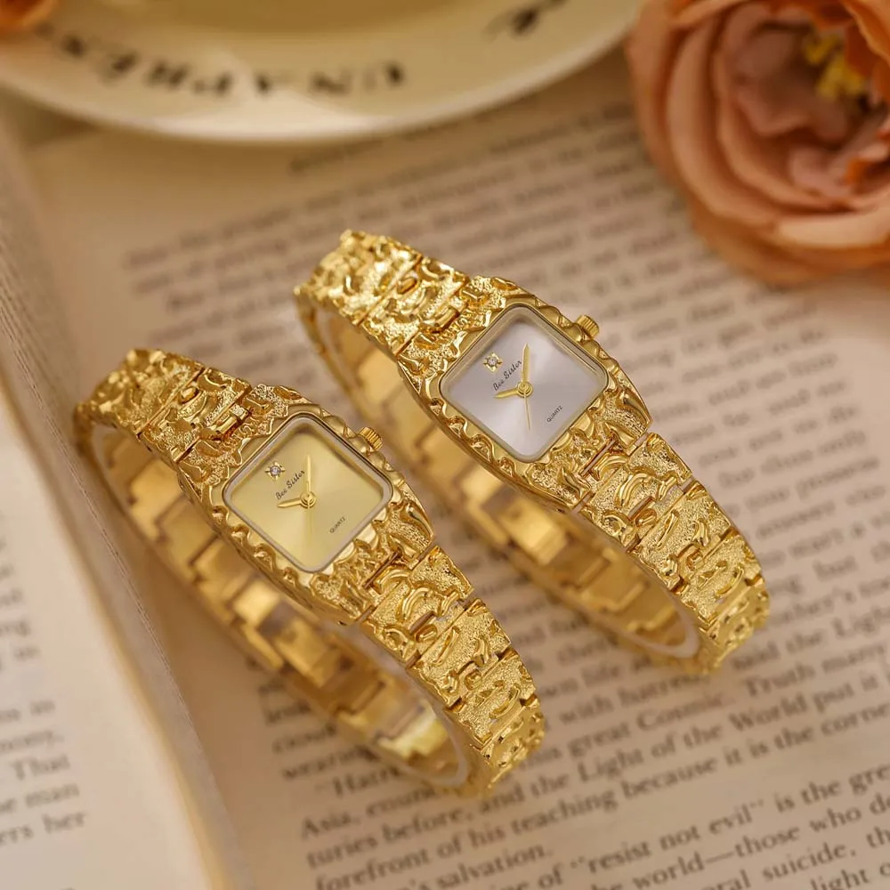 Luxury Gold Lava Texture Bracelet Watch Women Quartz Wristwatch Fashion Square Dial Elegant Lady Clock Jewelry Gift Female
