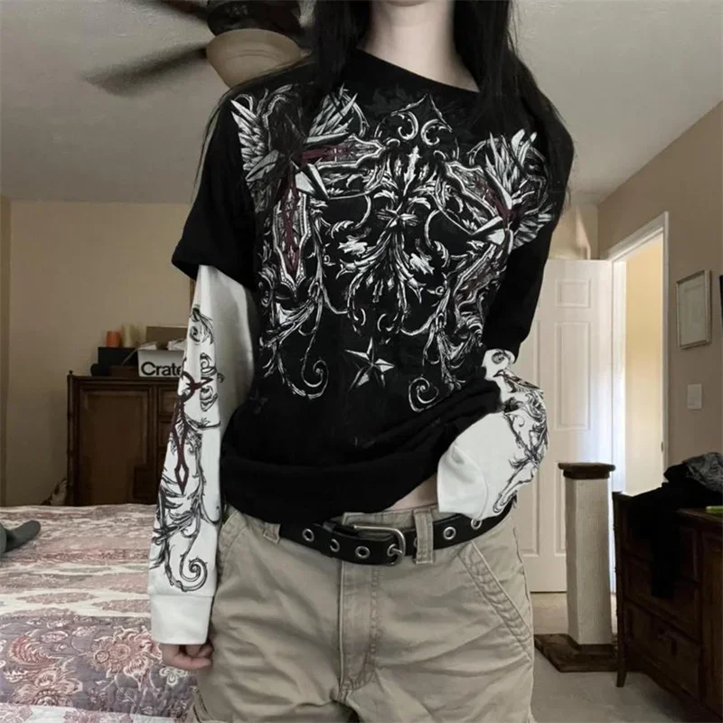 Y2k Fairy Grunge Graphic Long Sleeve Tees Tops Women E-Girls Aesthetic Gothic Skull Print Retro T Shirts E girl Emo Clothes