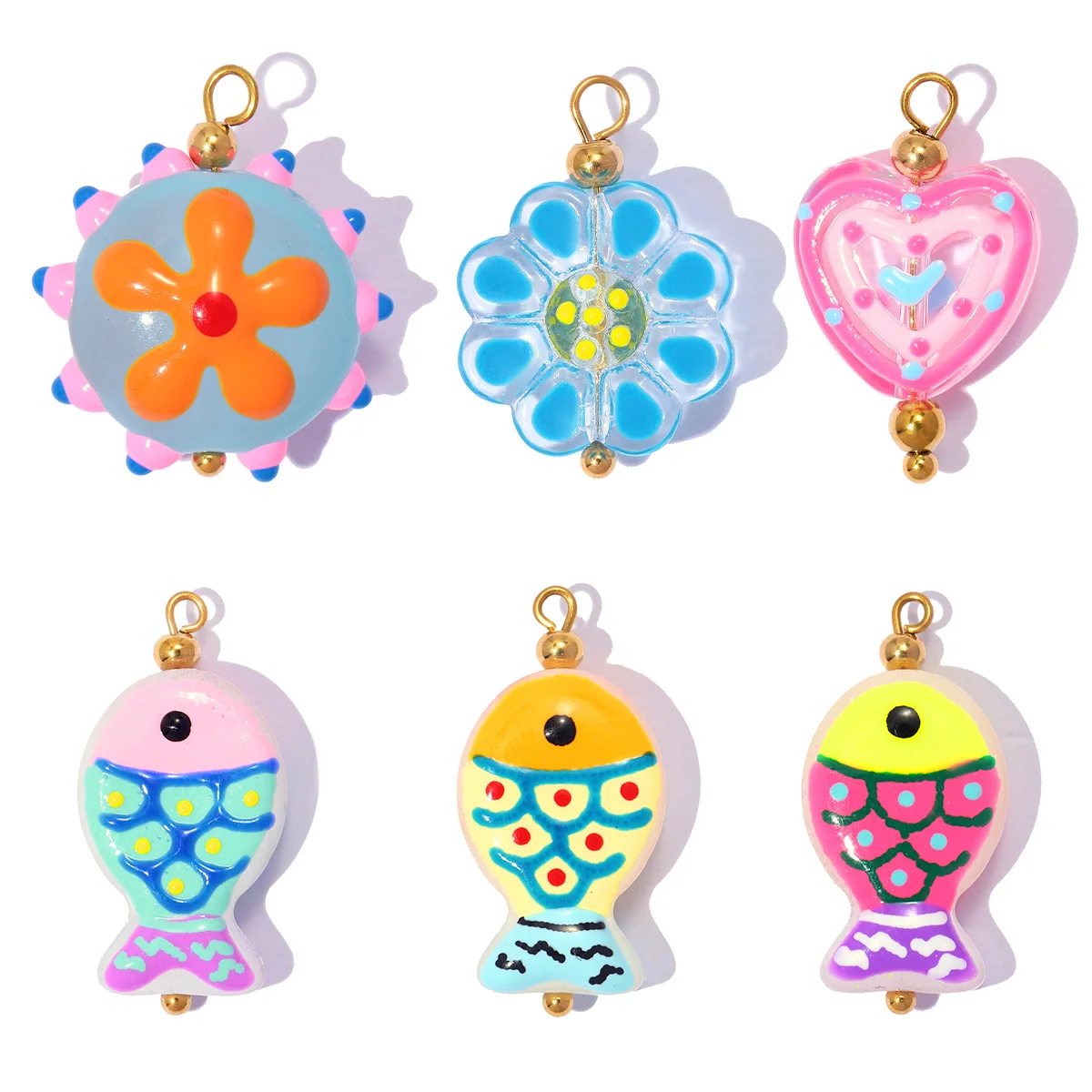 3 Stück/Set Edelstahl Lampwork Glas Blumen DIY Armband Anhänger Polka Dot Herz Halskette Anhänger Damen Fisch Schmuck Großhandel