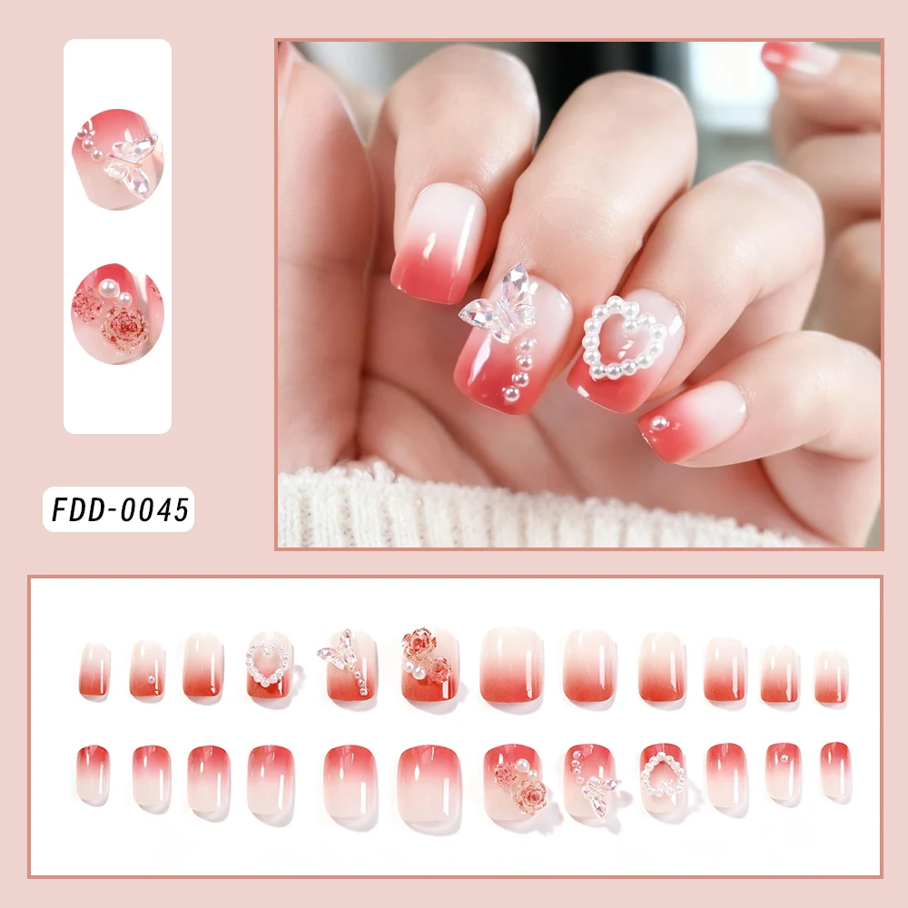 24 قطعة أظافر صناعية مربعة قصيرة متدرجة حمراء مع أحجار الراين على شكل فراشة ثلاثية الأبعاد اضغط على أطراف أصابع كاذبة لعيد الحب TD