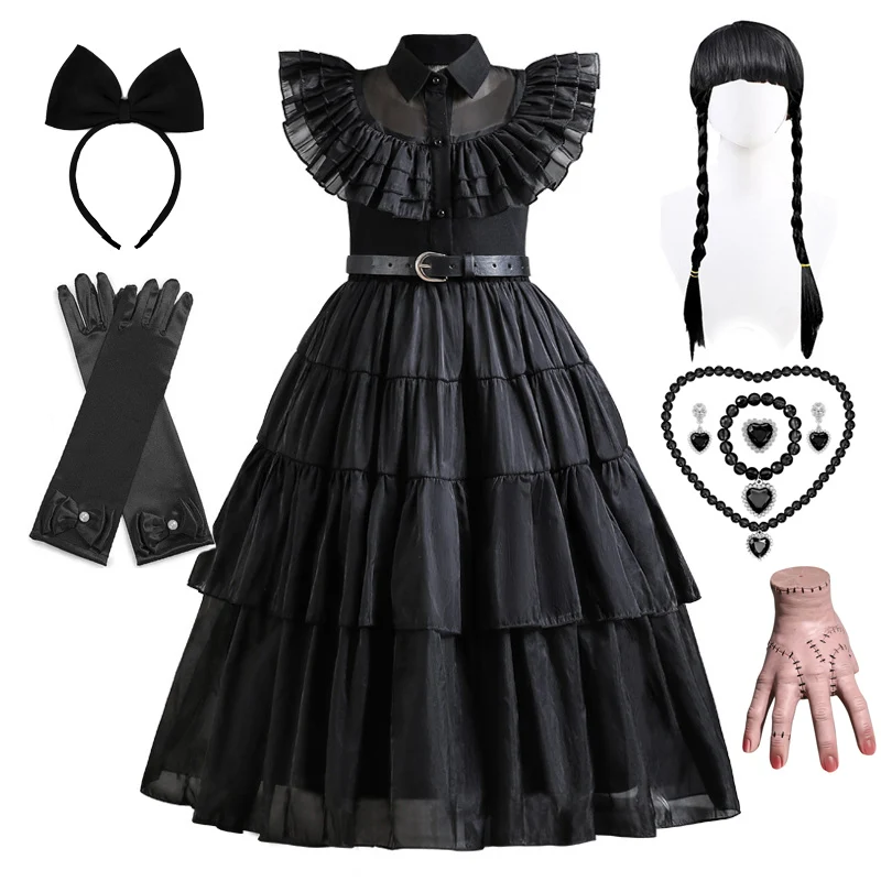 Girls Formal Dress Westernized Waistband Long Black Dress Children's Cos Performance Suit for Halloween Purim Party 2023