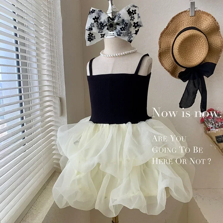 Vestido de princesa preto feminino, Suspender de gaze infantil, Elegante, Novo, Elegância verão