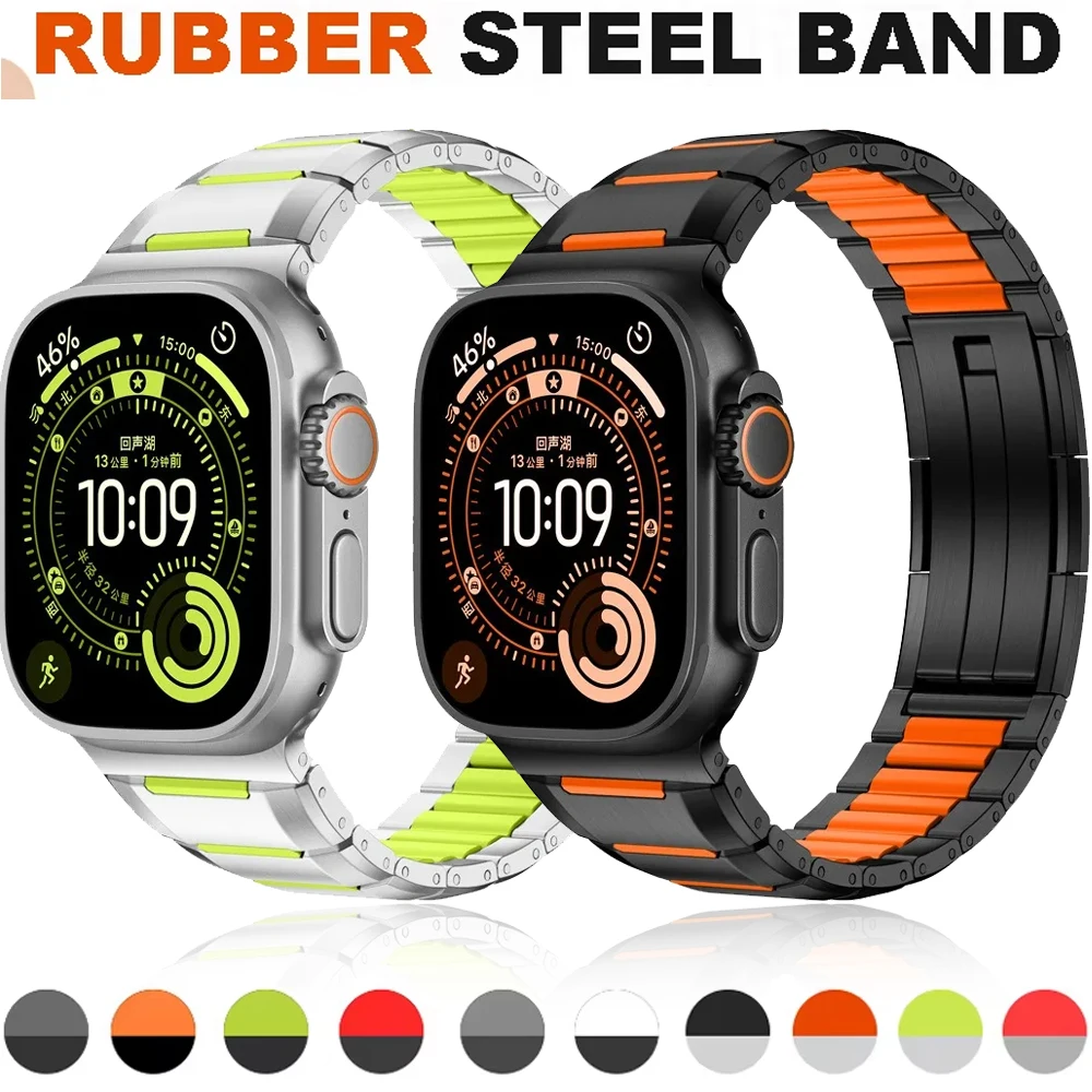 

Stainless Steel Rubber Band for Apple Watch Ultra 3 2 49mm 11 10 46mm 42mm Fold Clasp Strap Iwatch Series 9 8 7 6SE 45mm 41 44mm