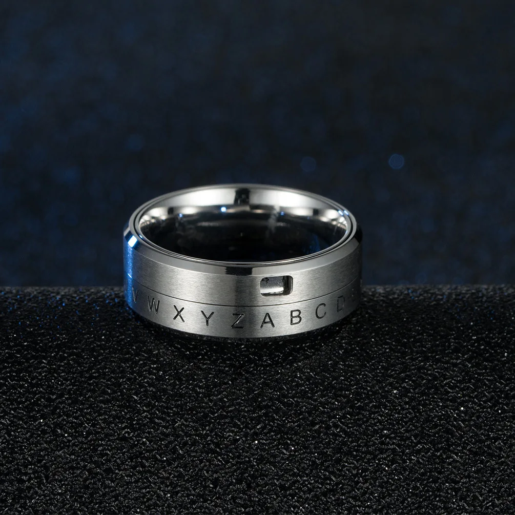 8MM Men\'s Stainless Steel Alphabet Number Spinner Ring Decoder Design Promise Engagement Wedding Band