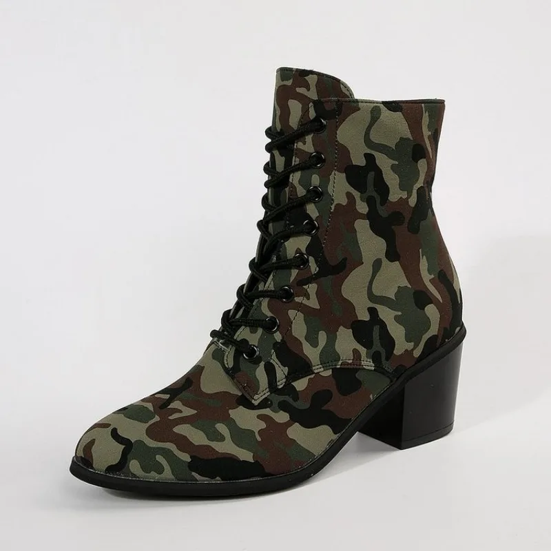

Women High-heeled Boots Fashion Camouflage Design Short Boot Laced Pointe Canvas Boot Women High Heels Ankle Boots Boots Mujer