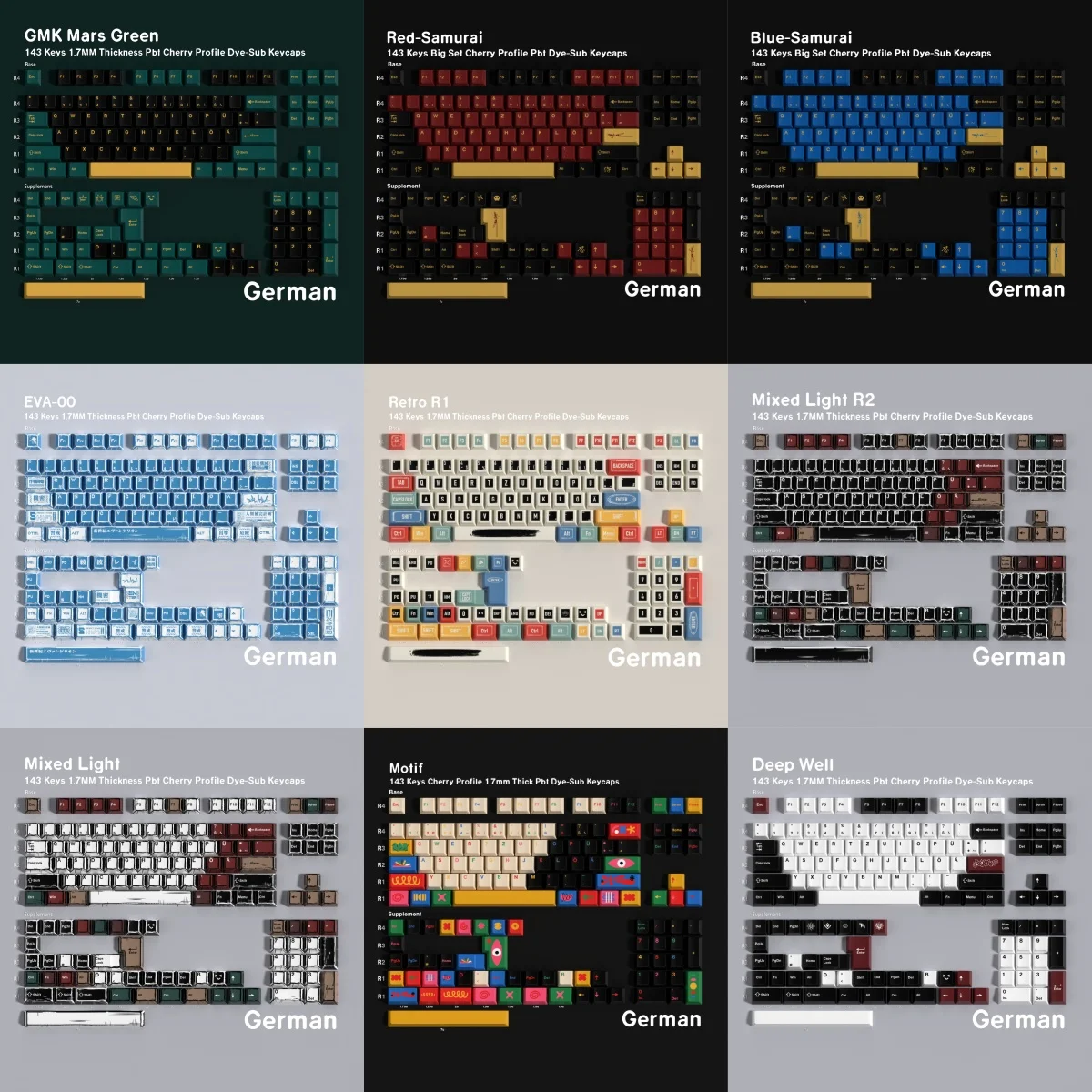 German PBT Cherry Keycaps ISO Layout Retro EVA00 Mixed Light Deep well Mars Green Red Blue Samurai For Mechanical Keyboard DE