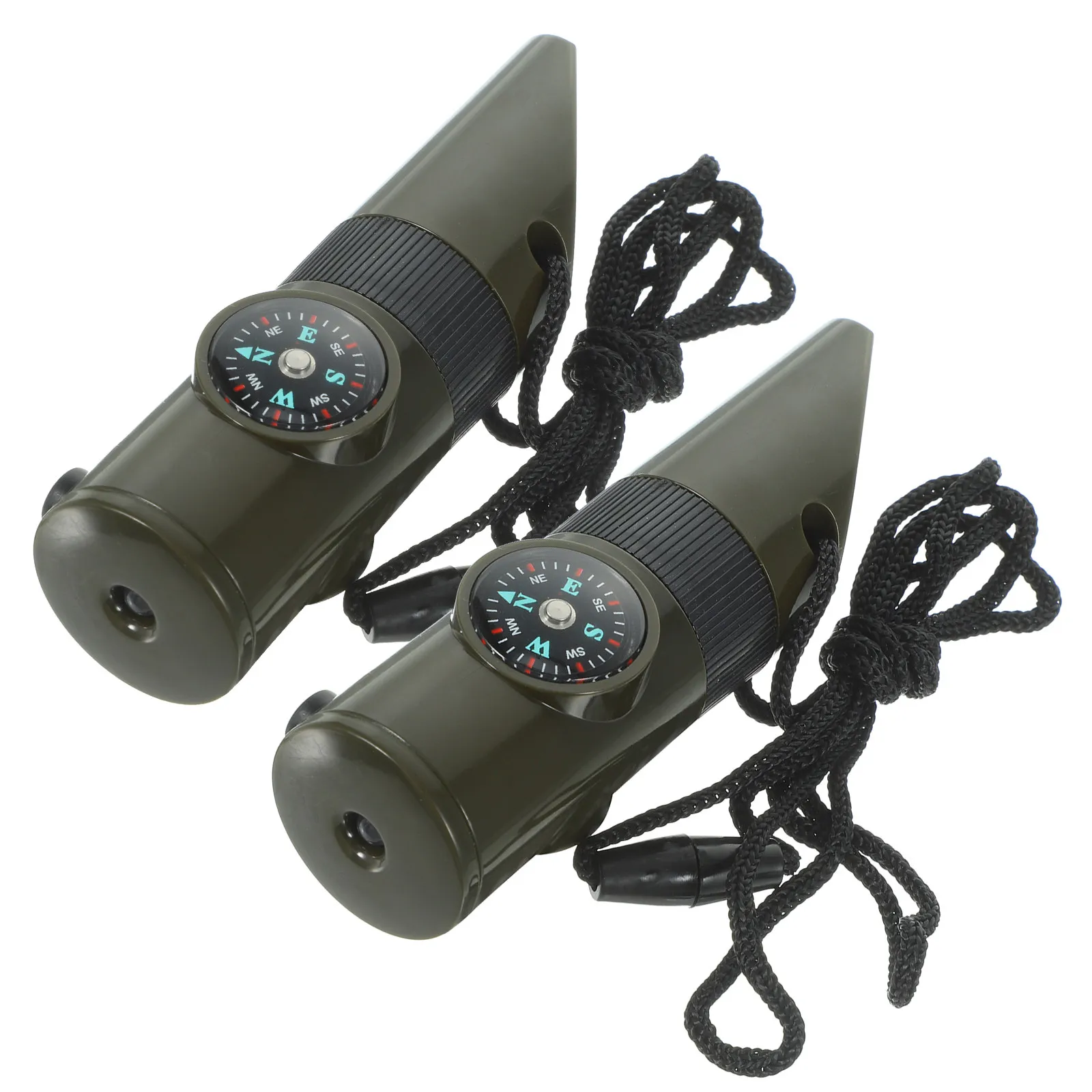 

2Pcs Heavy-Duty Alloy Survival Whistle 7-in-1 Emergency Tool with Compass Thermometer LED Light Magnifier Lanyard for Hiking