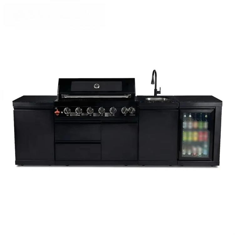 Customized Outdoor Kitchen Bar with 6-Burner BBQ Grill and Refrigerator Drawer for Garden Party Barbeque Events
