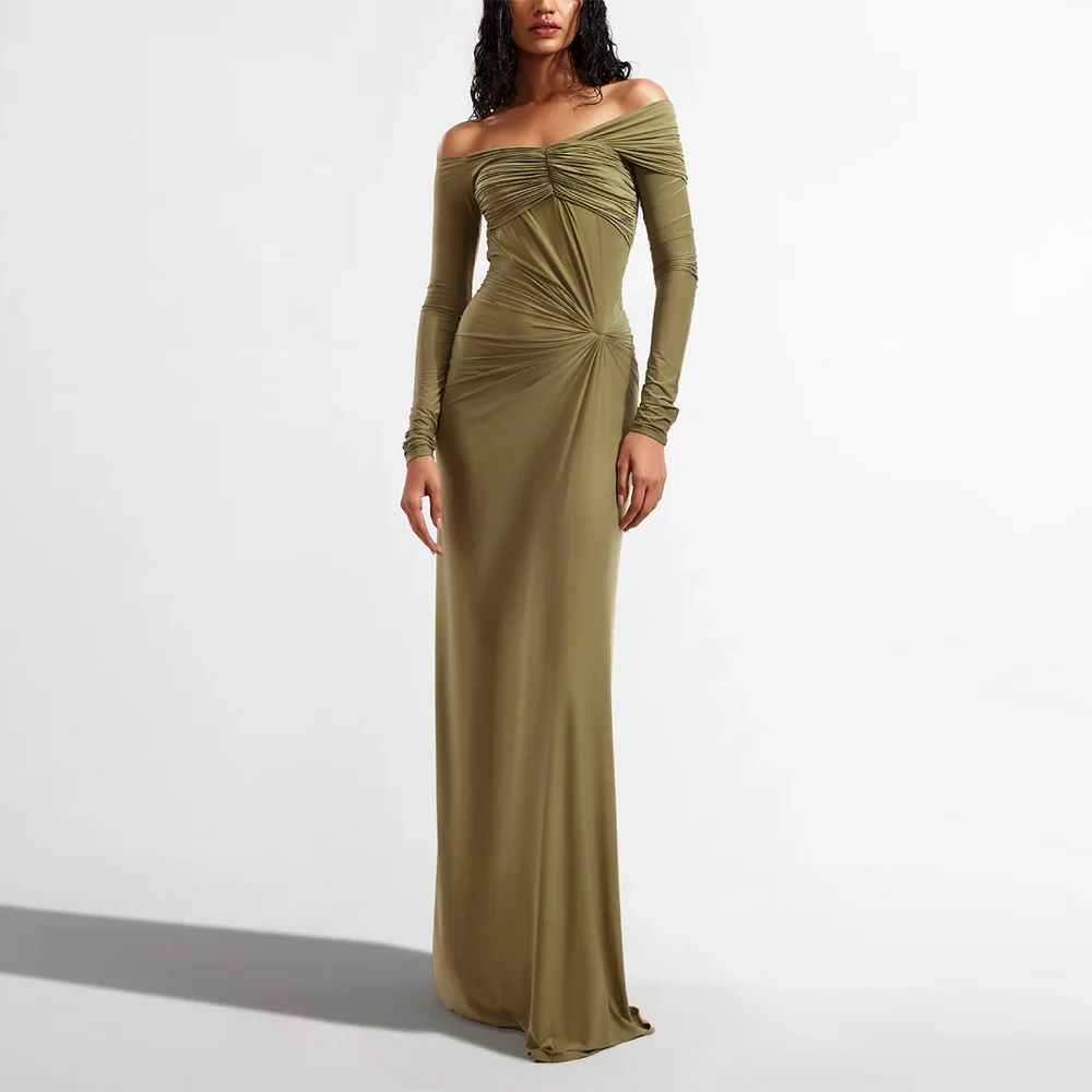 

Classic Muslim Women's Evening Dresses Spandex Sheath/Column Clubbing Gown Blackish Green Off-the-shoulder Pleat Prom Dress Long