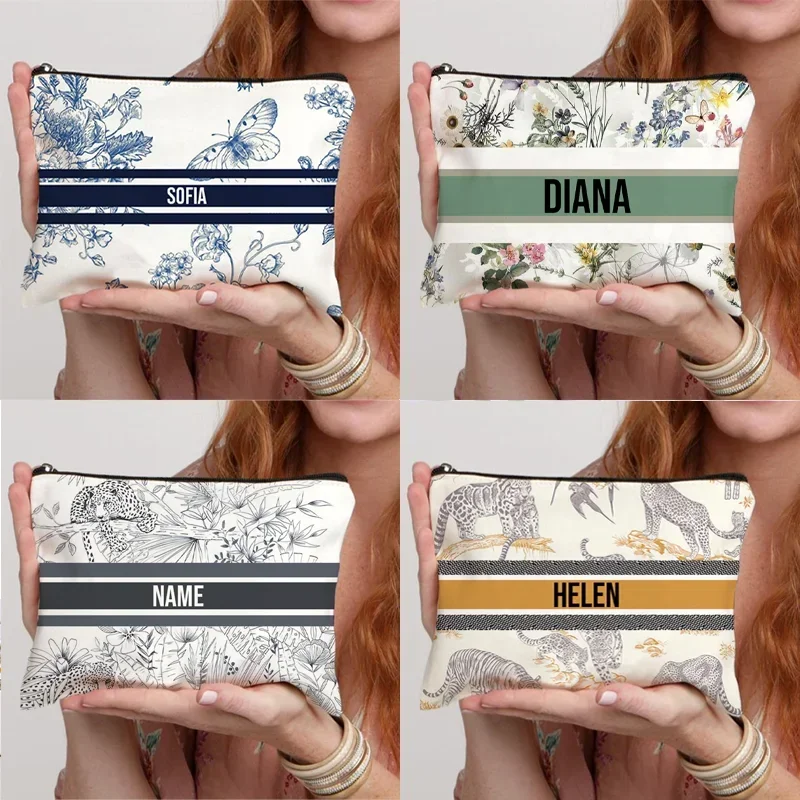 Neues Design, individueller Name, Make-up-Tasche für Frauen, Geschenk, Öko-Leinwand, Reise-Kulturbeutel, Kosmetik-Organizer, trendige Marken-Seitentasche für Damen