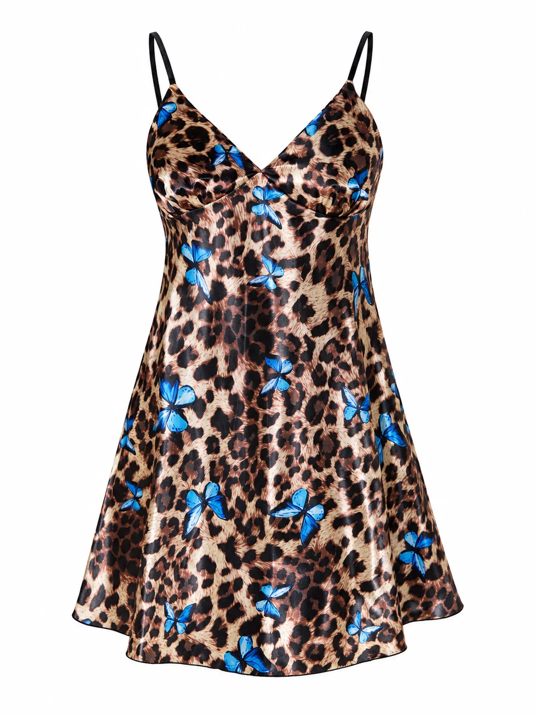 

Luxury Leopard Butterfly Print Satin Nightgown Women Sexy V-Neck Spaghetti Strap Slip Dress Silk Lingerie Sleepwear Homewear