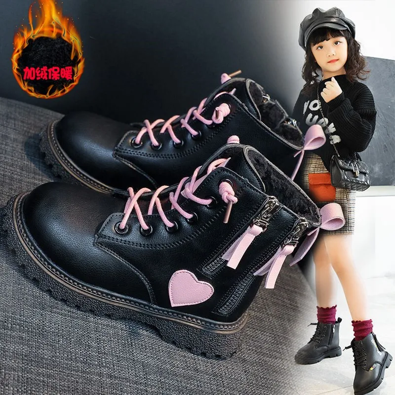 Kids Short Boots Pink and Black Double Zipper Love Sweet Girls 2022 Non-Slip Temperament Casual Shoes Child Fashion Spring New