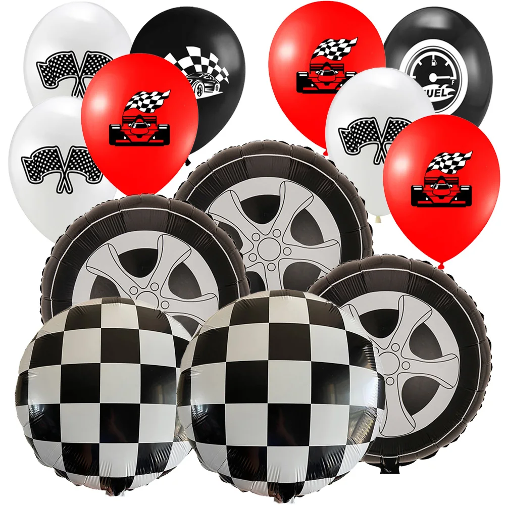 

48Pcs Race Car Birthday Party Decoration Tire Foil Balloons Black and White Checkered 18 Inch Hot Wheel Baby Shower Decor