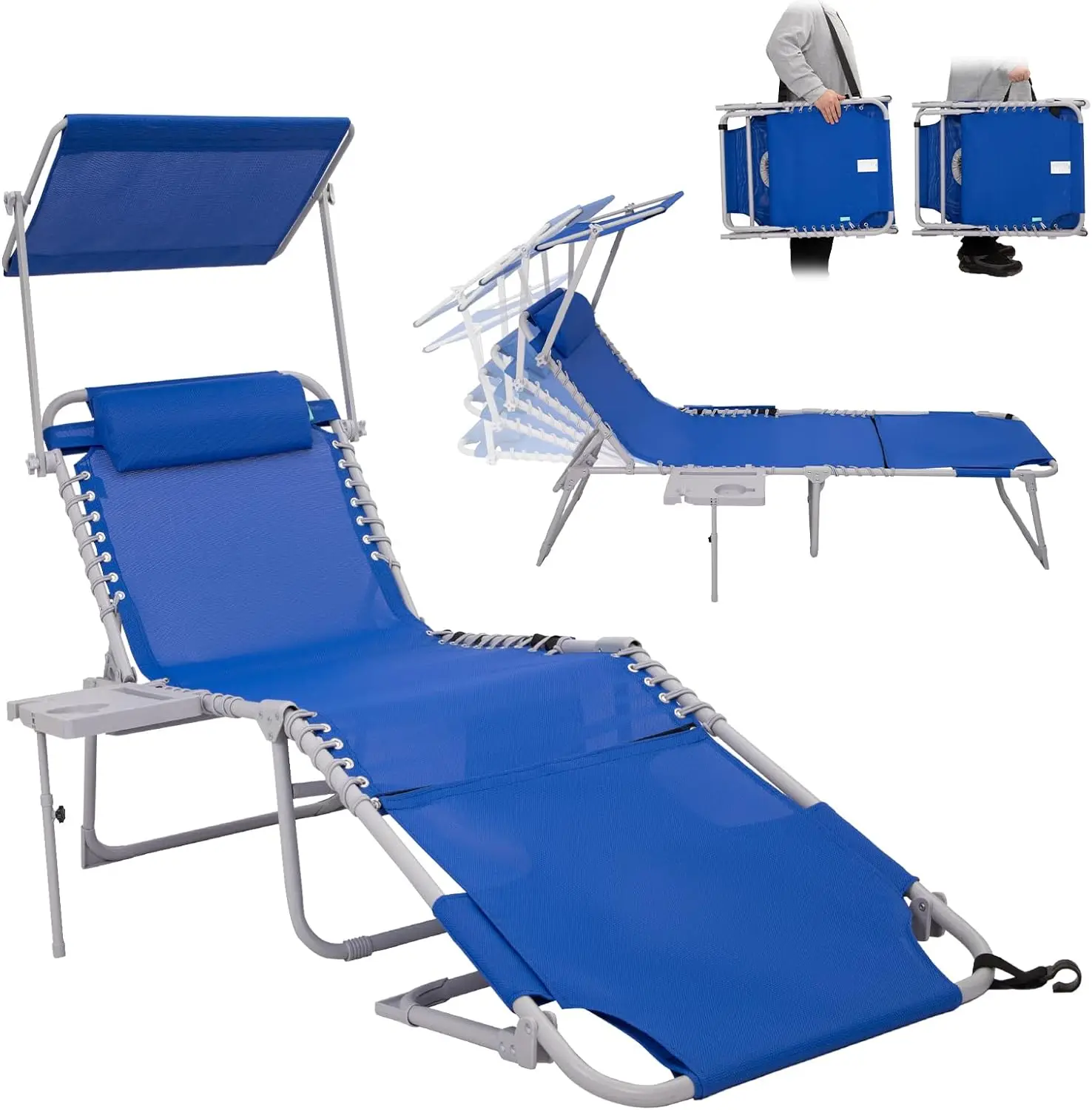 

Chaise Lounge Chairs with Adjustable Back and Canopy Shade Folding Tanning Chair with Head Rest Pillow & Side Pocket for Outdoor