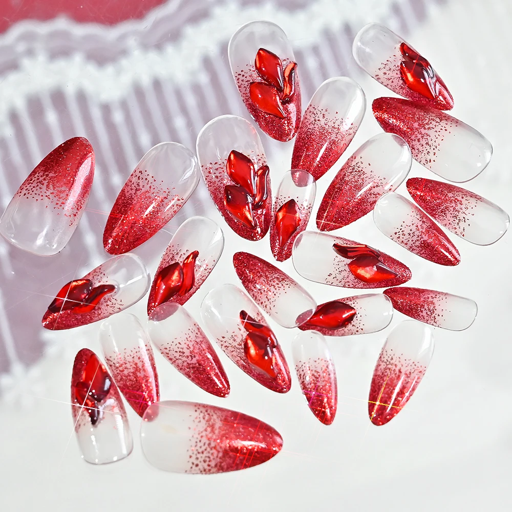 24 個のアクリルレッドグリッターアーモンド付け爪フレンチフルカバー付け爪光沢のあるラインストーン付き女性着用可能なプレスオンネイル
