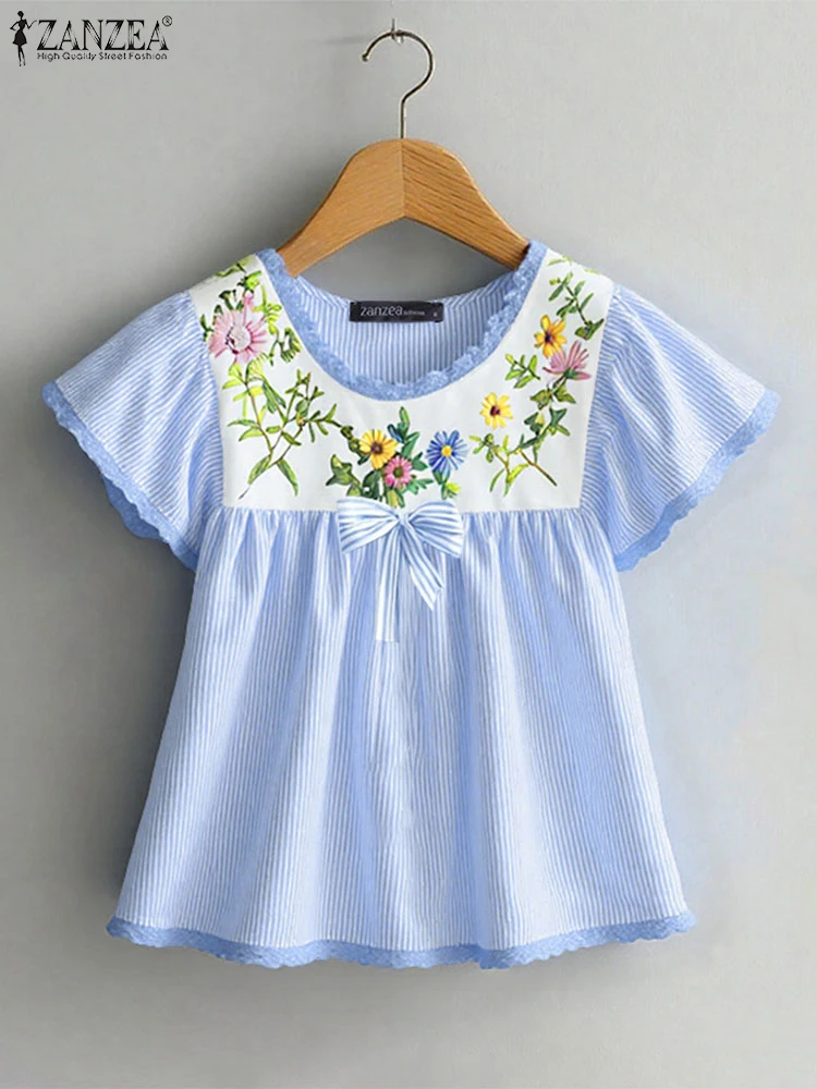 

ZANZEA Lace Trim O-Neck Blusas Mujer Floral Print 2025 Summer Fashion Short Sleeve Smock Tops Woman Striped Casual Blouses