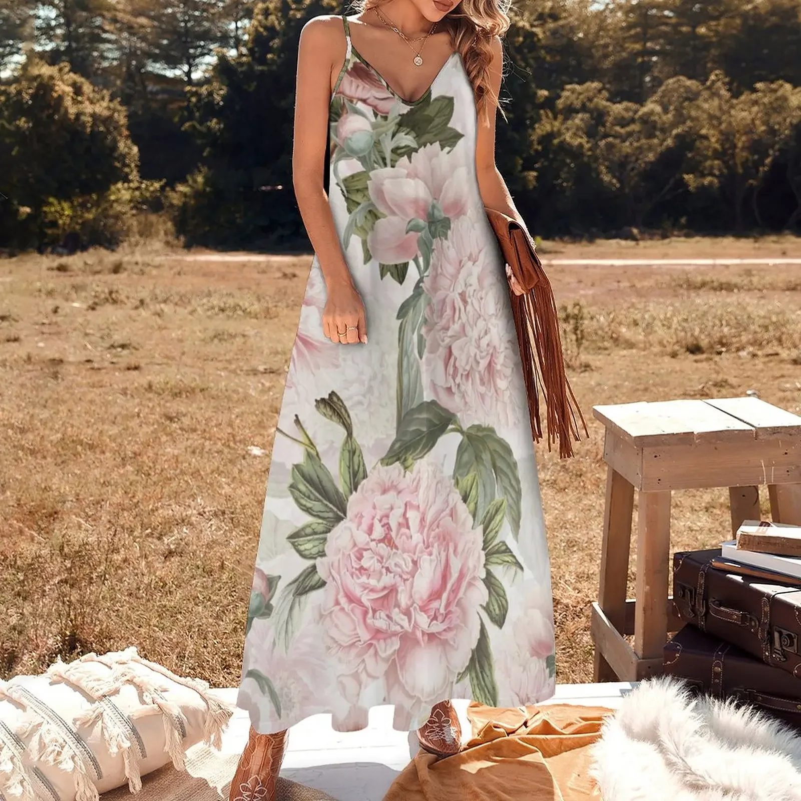 Vestido largo sin mangas con estampado de flores de peonía, rubor botánico Vintage, mujer