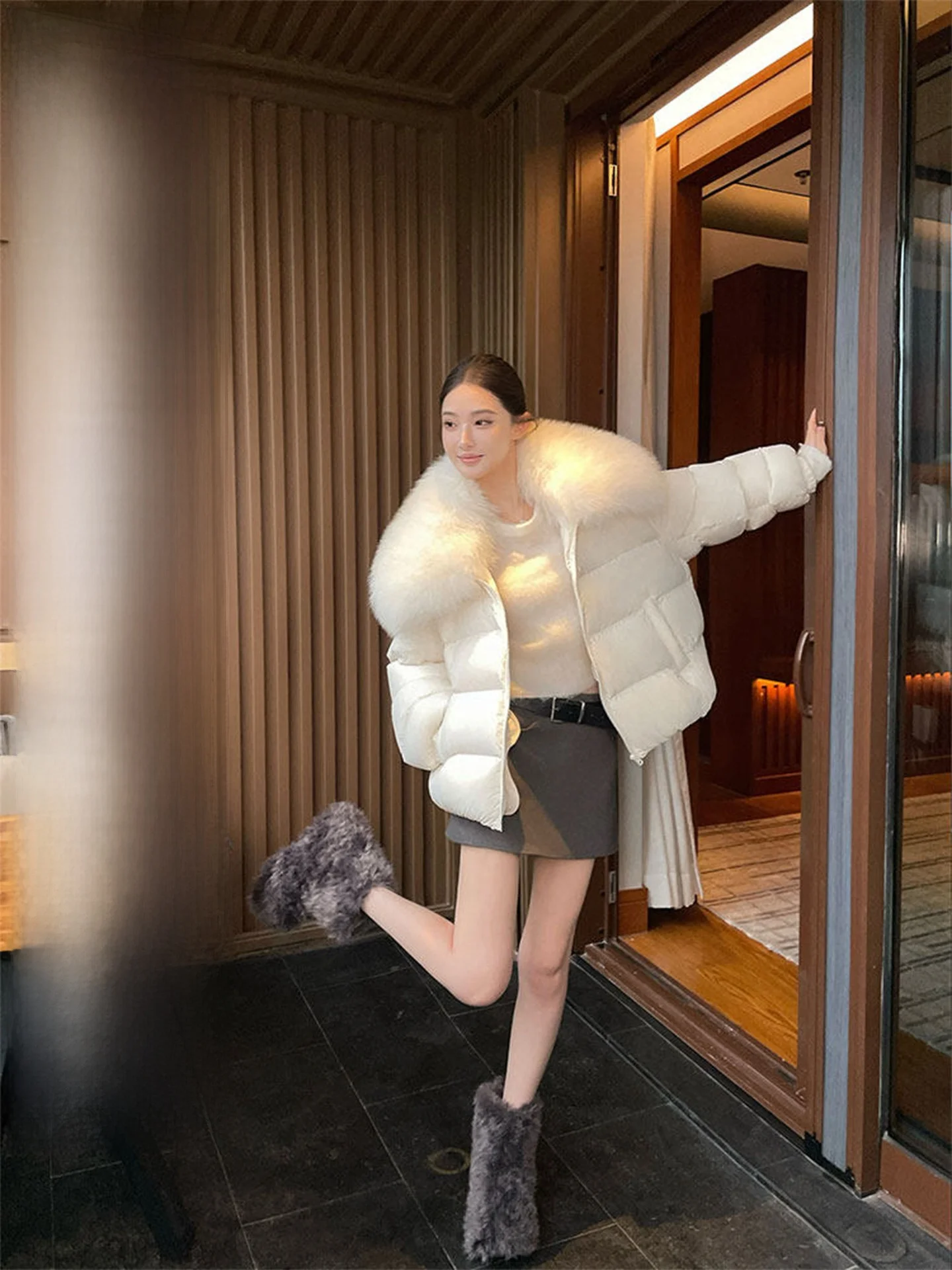 

Alin Women's ort down Jaet Fur Collar Du down Fill White Padded Coat Thiened Nylon Detachable Hood Zipper