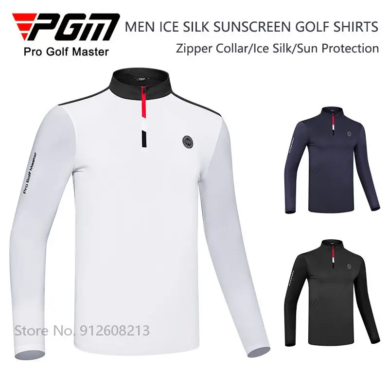 

PGM Summer Men Ice Silk Sportswear Zipper Stand Collar Golf T-shirts Long-sleeve Sunscreen Golf Shirts Male Fast Dry Sports Tops