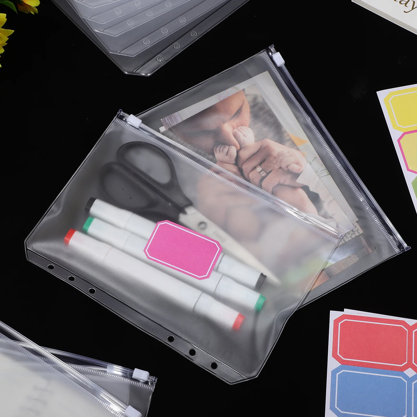 

12pcs A5 Pockets Zipper Folders Loose Leaf Bags Sticky Labels 6- Transparent Document Pouch Storage Folder Lightweight