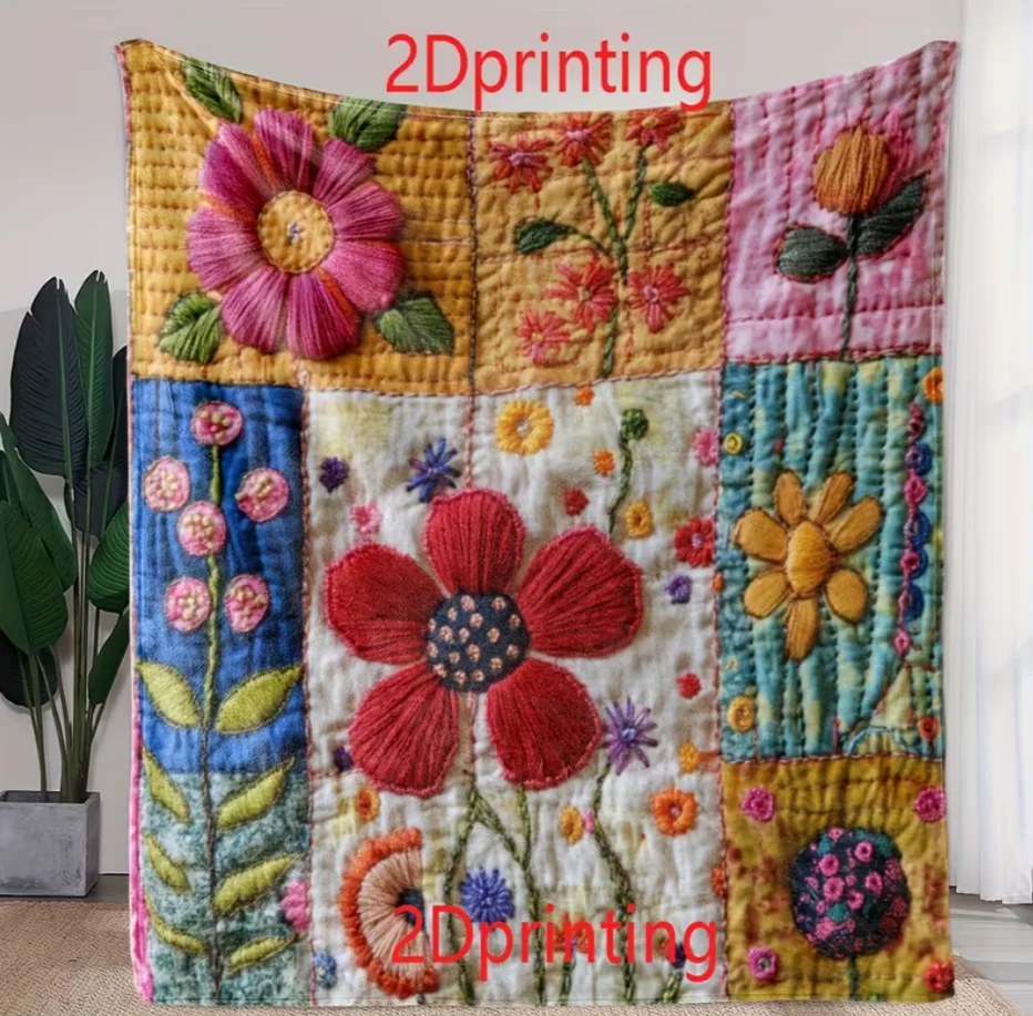 2D Printing 1Pc Vintage Floral Patchwork Throw Blanket Soft Comfortable Flannel Blanket and Travel Gift Blanket for All Seasons